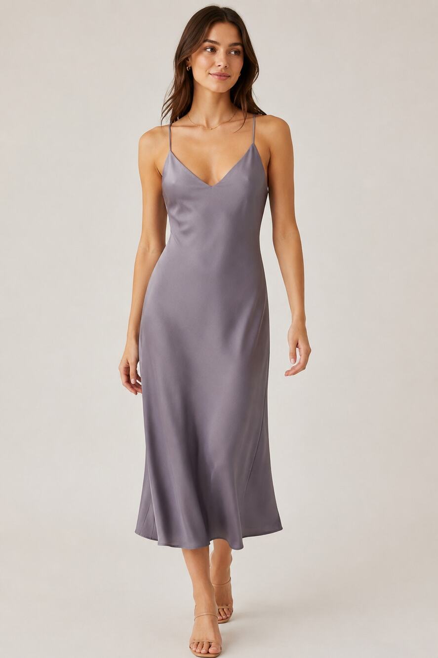 Zarina Basic Satin Slip Midi Dress Taupe Lavender Minimalist Size 42 (Small US)